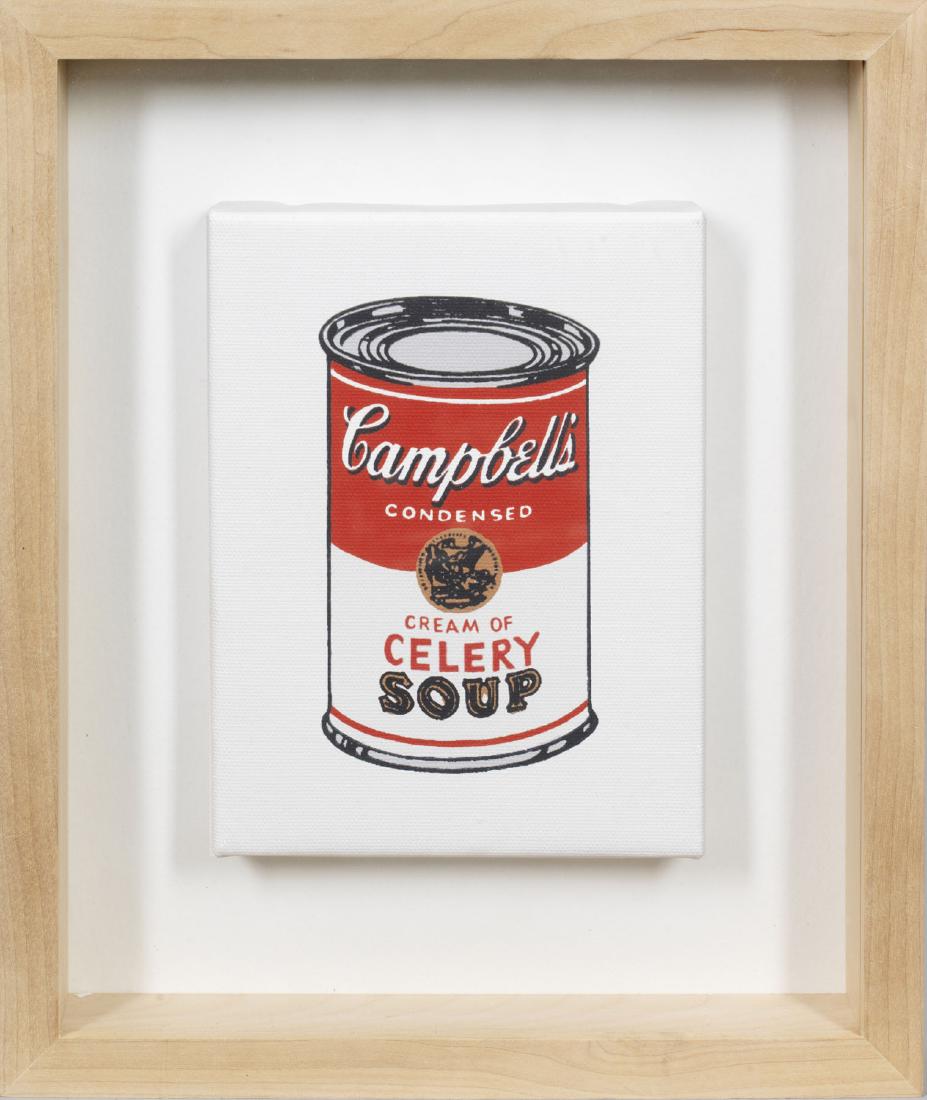 Richard Pettibone: (Geb. 1938 Los Angeles. Ansässig in New York) "Andy Warhol 'Campbell's Soup Can/Condensed cream of celery soup' 1962". Originaltitel Farbserigraphie/Lwd., 1986/87. Verso monogr., dat. 1987 u. num