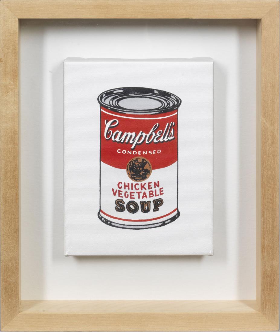 Richard Pettibone: (Geb. 1938 Los Angeles. Ansässig in New York) "Andy Warhol 'Campbell's Soup Can/Condensed chicken vegetable soup' 1962". Originaltitel Farbserigraphie/Lwd., 1986/87. Verso monogr., dat. 1987 u. n