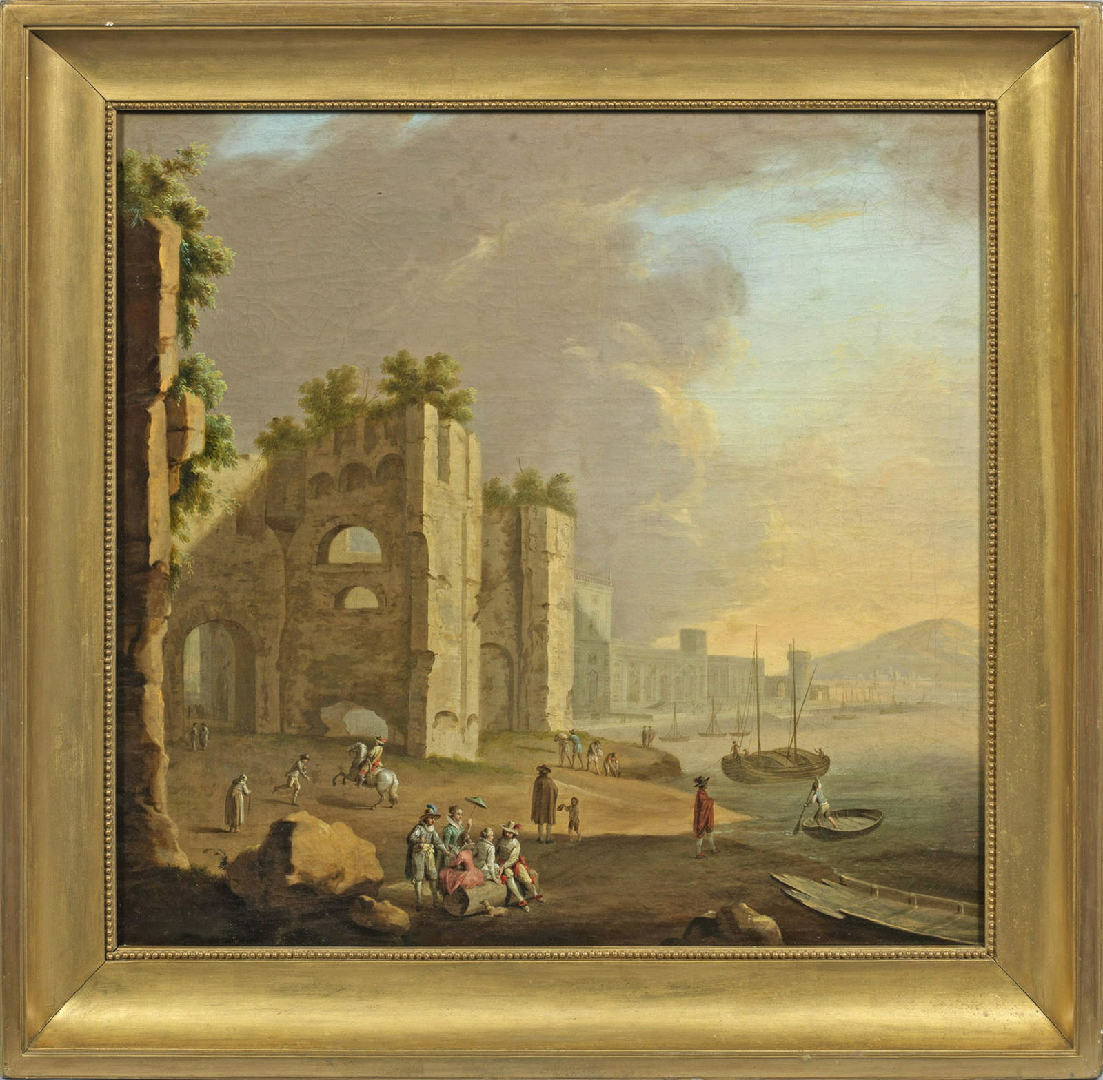 Adrien Manglard: (1695 Lyon - 1760 Rom) attr.; Cappricio eines mediterranen Hafens mit Figuren Feinflüssig gemalte, atmosphärisch gestimmte Szenerie im weichen Abendlicht mit Blick auf eine pittoreske Architektur, i