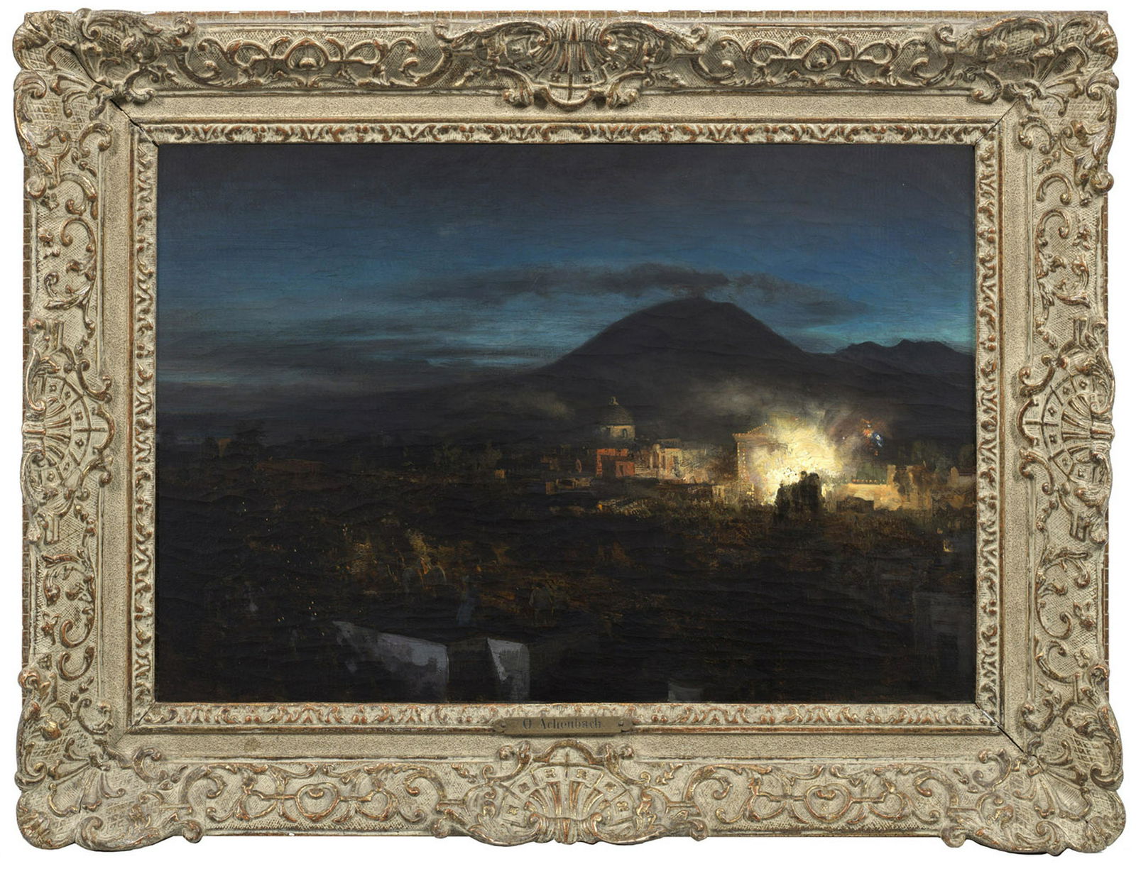 Oswald Achenbach: (1827 Düsseldorf - 1905 ebenda) Feuerwerk in Torre dell Annunziata bei Neapel Impression mit höchst effektvoller Wiedergabe des brennenden Feuerwerks. Das mit weichem Duktus und pastosen Höhungen a