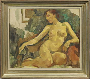 Lotte Laserstein: (1898 Preußisch-Holland - 1993 Kalmar/Schweden) Sitzender weiblicher Akt Im spätimpressionistischen Stil gemalter, mit virtuos schnellen, breiten Strichen erfasster Akt. Laserstein, die aus einer j�