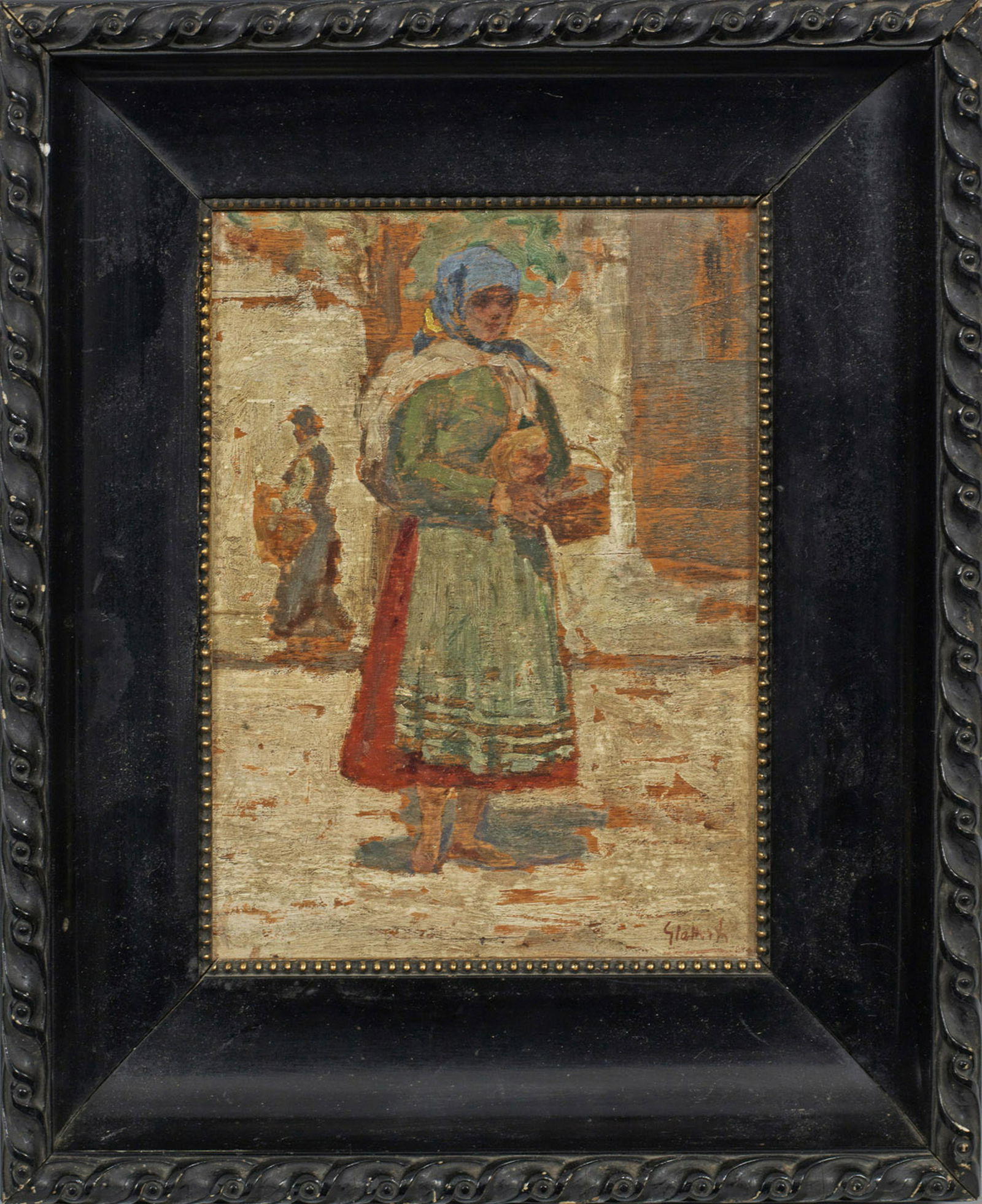 Armin Glatter: (1861 Moldau an der Bodwa/Moldava nad Bodvou - 1931 Budapest) Bauernmädchen in ungarischer Tracht Öl/Holztafel. 19,8 cm x 15 cm. Rahmen. Oil on panel. Signed.
