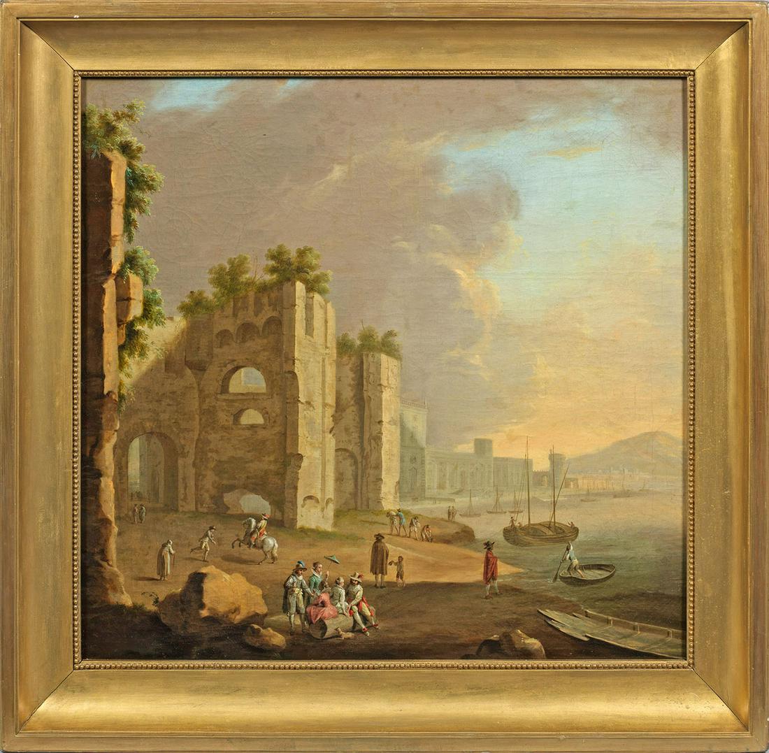 Adrien Manglard: Adrien Manglard (1695 Lyon - 1760 Rom) attr.; Cappricio eines mediterranen Hafens mit Figuren Feinflüssig gemalte, atmosphärisch gestimmte Szenerie im weichen Abendlicht mit Blick auf eine p