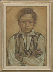 Lotte Laserstein: Lotte Laserstein (1898 Preußisch-Holland - 1993 Kalmar/Schweden) Porträt eines Knaben mit verschränkten Armen Ausdrucksvoll charakterisierendes Bildnis, das die außerordentlich hoh
