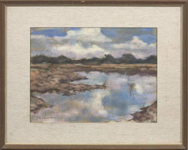 Lotte Laserstein: Lotte Laserstein (1898 Preußisch-Holland - 1993 Kalmar/Schweden) "Öland Stenbrott" (Öland Steinbruch). Originaltitel Blick auf einen mit Wasser zugelaufenen, flachen Steinbruch. Impress