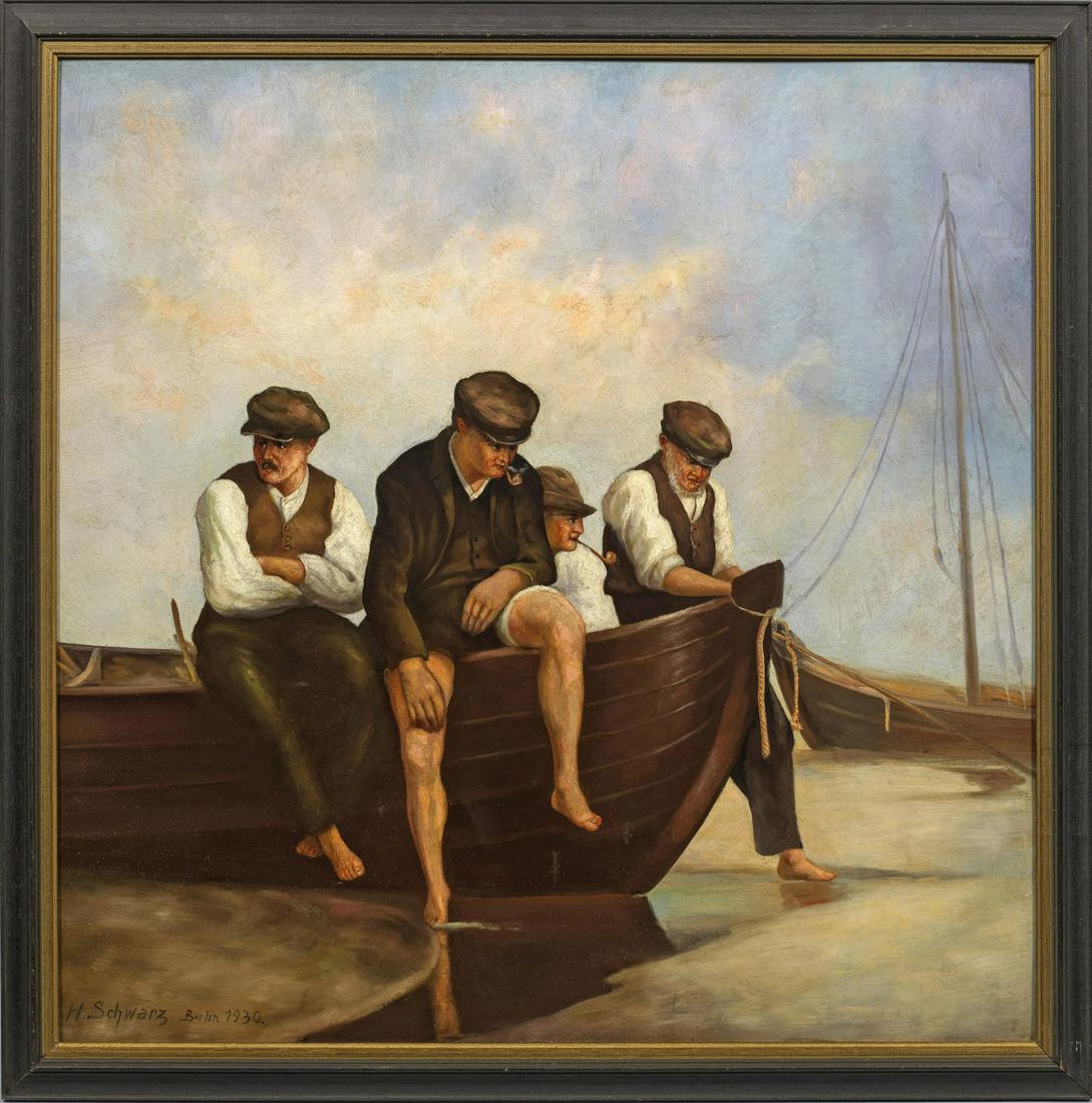 Heinrich Schwarz: Heinrich Schwarz (1903 Berlin - 1977 Steinkimmen) Rastende Fischer mit ihren Booten am Strand Im Stil der Neuen Sachlichkeit gemaltes Werk des Künstlers, der seine künstlerische Ausbildung b