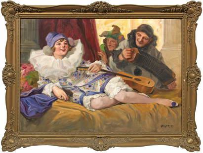 Richard Geiger: (1872 Wien - 1945 Budapest) /T/Columbine und Pierrot mit Gitarre und Bandoneon// Der an der Wiener Akademie und in Paris ausgebildete Maler ließ sich 1893 in Budapest nieder, wo er neben weiblich