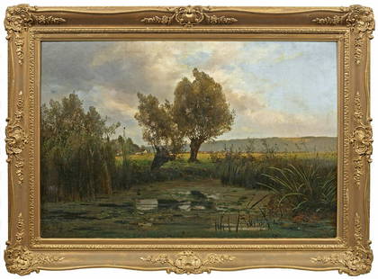 Johannes Hermes: (1842 Berlin - 1901 Wiesbaden) /T/"Weiden am Schilfteiche". Originaltitel// Atmosphärisch gestimmte Landschaftsimpression Hermes´, der in Düsseldorf bei Oswald Achenbach studierte und n