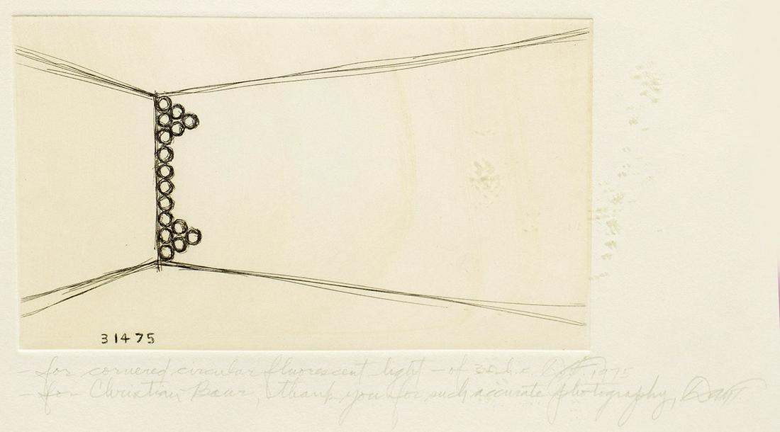 Dan Flavin: (1933 New York City - 1996 Riverhead/USA) "For cornered circular fluorescent light". Originaltitel Radierung/Velin, 1975. Schematische Darstellung einer Lichtinstallation in einer Raumecke, entspreche