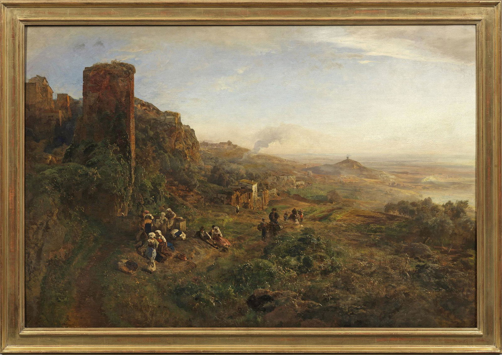 Oswald Achenbach: (1827 Düsseldorf - 1905 ebenda) Abendstimmung in den Albaner Bergen Um 1890 entstandenes, großformatiges, auf eine Gesamtwirkung angelegtes Werk Achenbachs, deren Ansicht den Maler durch ihre steile