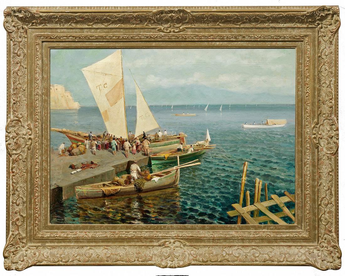 Ettore Forti: (Tätig um 1880-1920 in Rom) Rückkehr der Fischerboote In lichtem Kolorit gemalte, stimmungsvolle Darstellung angelandeter Boote mit am Pier versammelten Fischerfamilien vor der Kulisse der Bucht von