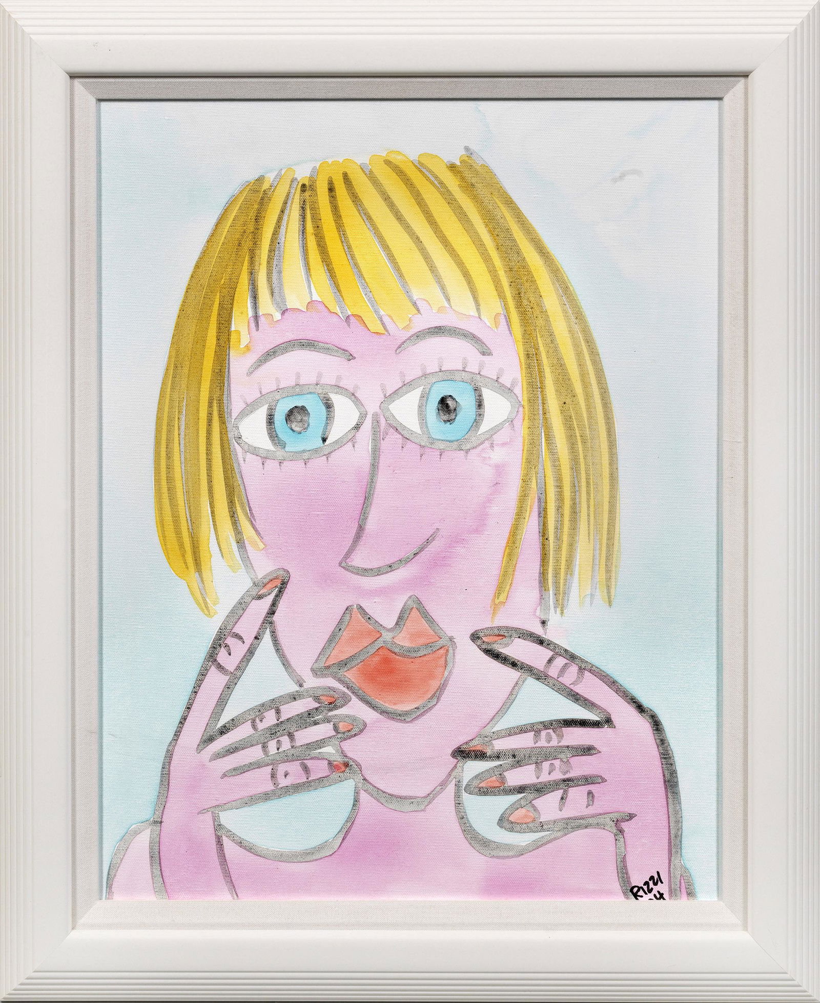 James Rizzi: (1950 New York City - 2011 ebenda) "Blue Angel". Originaltitel Plakatives Bildnis im Comic-Stil. In den malerischen Ausdrucksmitteln drastisch vereinfachte und an die Malerei von Kindern erinnernde K�