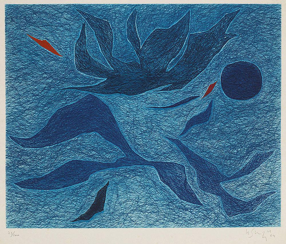 Gustave Singier: (1909 Warneton/Belgien - 1984 Paris) /T/"L’espace et la danse" (Der Raum und der Tanz). Originaltitel// Farbradierung und -aquatinta/Arches-Papier (mit Wasserzeichen), 1964. Sign., dat. u. numme