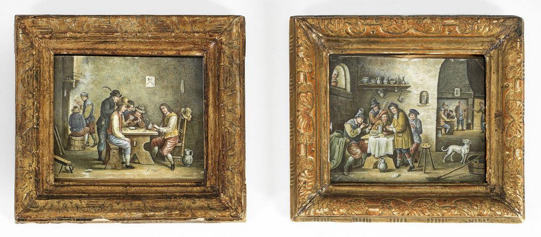 Paar Miniatur-Gemälde: Gegenstücke. Sehr fein gemalte, detailreiche Darstellungen eines bäuerlichen Interieurs mit Herrengesellschaften beim Kartenspiel bzw. Rauchen nach Cornelis Saftleven (um 1607-1681). R. u. b