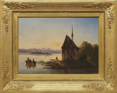 Carl Ebert: (1821 Stuttgart - 1885 München) /T/Abendstimmung am Chiemsee// Blick von einer Kapelle auf die Fraueninsel, im Vordergrund Figurenstaffage. Spätromantische, frühe Landschaft Eberts, der