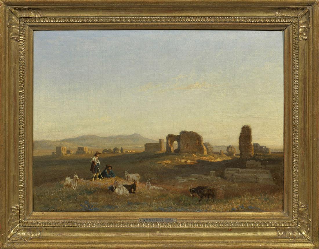 Andreas (András) Marko: (1824 Wien - 1895 Villa Tivoli) /T/Vor antiken Ruinen rastende Ziegenhirten in der abendlichen Campana Romana// Feinflüssig gemaltes Werk des Künstlers, der in diesem Gemälde subtil die