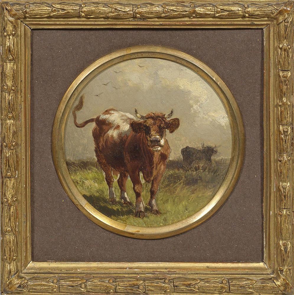 Friedrich Gauermann: (1807 Miesenbach - 1862 Wien) attr.; /T/Miniatur-Tondogemälde mit Kühen// Lebendige Tierdarstellung. Im Oeuvre Gauermanns, einem der bedeutendsten Tier- und Landschaftsmaler seiner Zeit, l&#