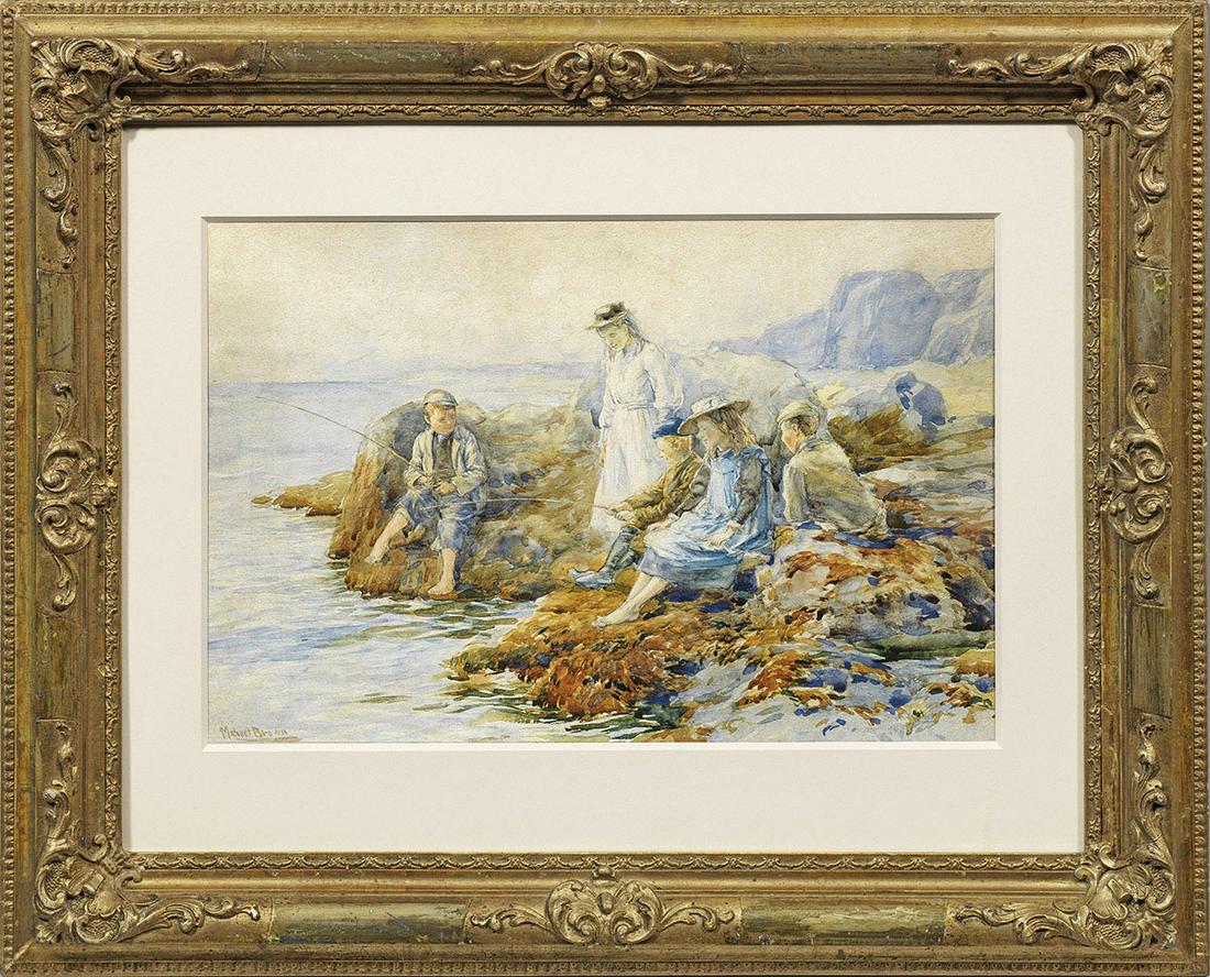 Michael Brown: (1853 St Andrews/Schottland -1947. War ansässig in Edinburgh) /T/Kinder am Strand in Schottland// Idyllische, sommerlich heitere Szenerie mit angelnden Knaben und zwei zuschauenden Mädchen a