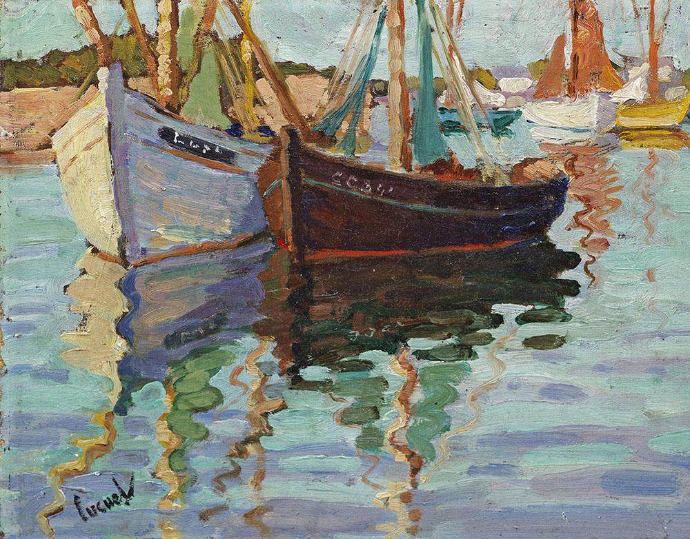 Edward Cucuel: (1875 San Francisco - 1954 Pasadena) /T/Segelboote// Impressionistisches, mit weich-pastosem Duktus und leuchtendem, pastelltonigem Kolorit gemaltes Werk des amerikanisch-deutschen Malers. Cucuel war