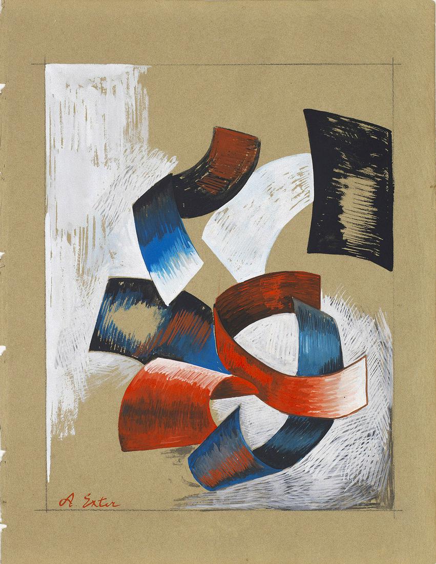 Alexandra Exter: (1882 Bialystok/Russisches Kaiserreich/Polen - 1949 Fontenay-aux-Roses bei Paris) attr.; /T/Abstrakte Komposition// Aus Farbflächen bzw. bandartig gebogenen Elementen gebildete Komposition der ru