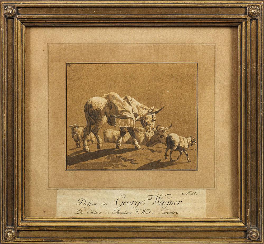 Johann Gottlieb Prestel: (1739 Grönenbach - 1808 Frankfurt am Main) /T/Paar Tierdarstellungen mit Schafen, Kühen, Ziegen und Esel// Zwei Aquatinta-Radierungen in Sepia/Papier, original auf Unterleg-Bögen mit Le