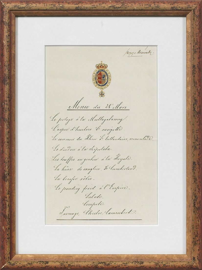 Speisekarte vom Hof des Herzogs von Braunschweig: Blatt mit handschriftlicher französischer Menüfolge, oberhalb geprägtes und koloriertes Wappen, wohl für den seit 1830 regierenden Wilhelm Herzog zu Braunschweig und Lüneburg 