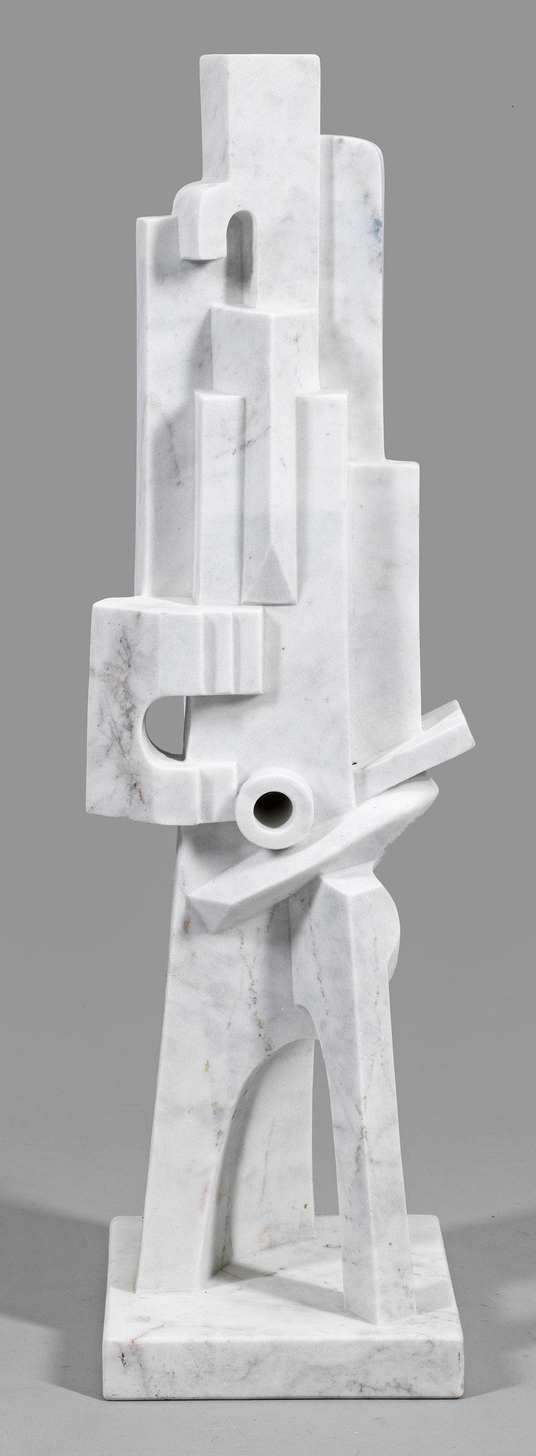 Jacques Lipchitz: (1891 Druskininkai/Litauen - 1973 Capri) nach /T/"Homme à la guitare"/"Man with a Guitar" (Mann mit Gitarre). Originaltitel// Weißer, hellgrau geädeter Marmor. Posthum ausgeführte