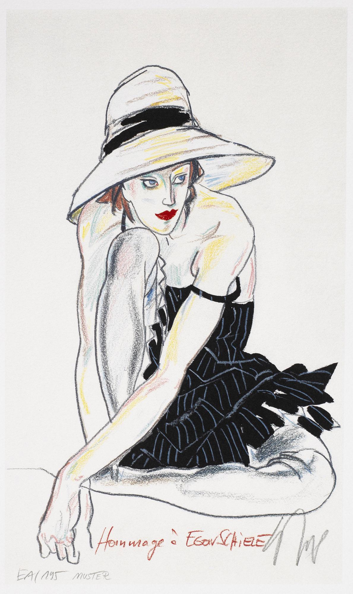 Wolfgang Joop: (1944 Potsdam. Ansässig ebenda) "Hommage à Egon Schiele". Originaltitel Farboffsetlithographie/Velin, 1993. E. A.-Exemplar außerhalb der Auflage von 195. Sign. u. vom Künstler bez.