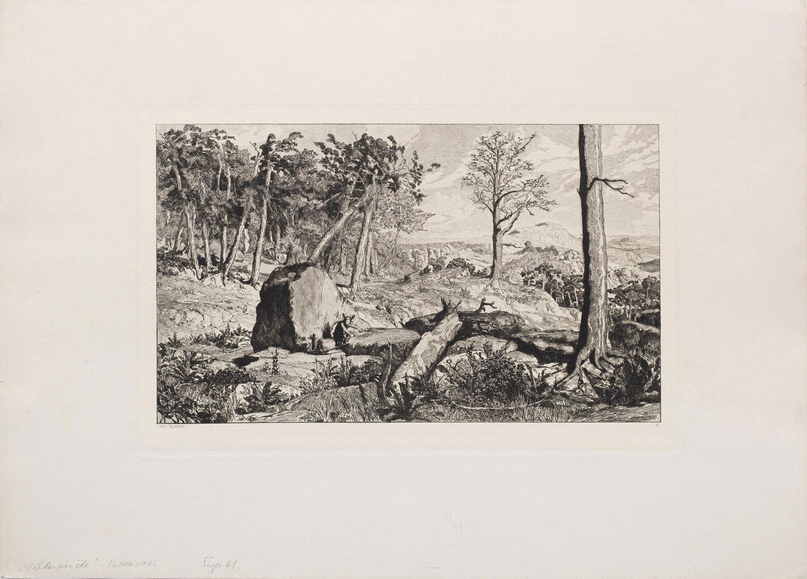 Max Klinger: (1857 Leipzig - 1920 Großjena/Naumburg) "Simplicius in der Waldeinöde". Originaltitel Radierung/Papier, Blatt X aus der Serie "Intermezzi", 1881. Knickspuren und Risse an den Rändern. P