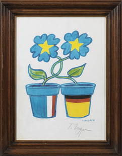 Tomi Ungerer: (1931 Straßburg - 2019 Cork/Irland) "Deutsch-französische Freundschaft". Originaltitel Farboffsetlithographie/Velin, um 1995. Bez. im Druck; U. r. sign. Ca. 39 cm x 29 cm. Rahmen. Colour off