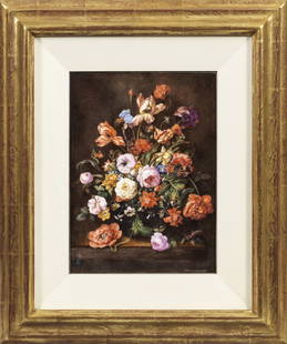 Porzellangemälde mit prachtvollem Blumenstillleben: Rechteckige Bildplatte. Kopie eines prachtvollen altniederländischen Blumenstilllebens von Rachel Ruysch (1664-1750). In altmeisterlicher Feinmalerei ausgeführt von dem renommierten zeitgen&