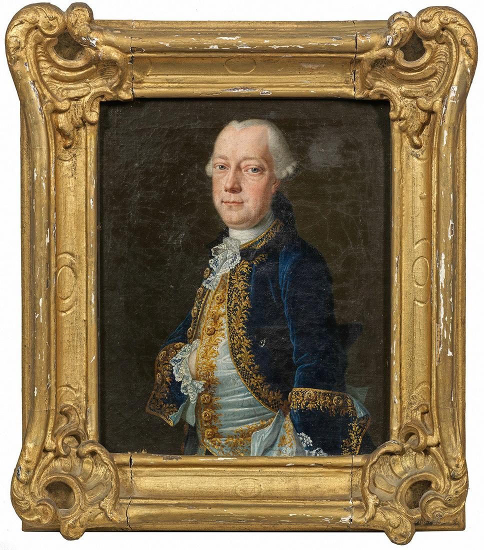Johann Heinrich Tischbein der Ältere: (1722 Haina - 1789 Kassel) attr.; Porträt eines adeligen Herrn Repräsentatives, feinmalerisch ausgeführtes Hüftbildnis eines Herrn in höfischer Tracht mit dunkelbauer, goldbes