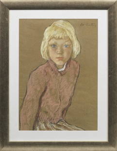 Lotte Laserstein: (1898 Preußisch-Holland - 1993 Kalmar/Schweden) Porträt eines blonden Mädchens Halbfiguriges Bildnis eines diagonal sitzenden Mädchens, das ihren Kopf en face dem Betrachter zuwend