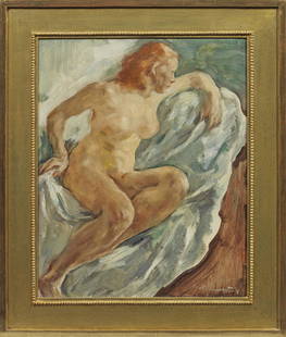 Lotte Laserstein: (1898 Preußisch-Holland - 1993 Kalmar/Schweden) Ruhender weiblicher Akt (Madeleine) In dem mit schnellem, breitem Duktus ausgeführten, expressiven Aktbild hat Laserstein bewusst mit Kontrast