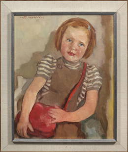 Lotte Laserstein: (1898 Preußisch-Holland - 1993 Kalmar/Schweden) Porträt eines jungen Mädchens mit roter Tasche Einfühlsames, mit schnellem, breitem Duktus gemaltes Kinderbildnis Lasersteins, das z