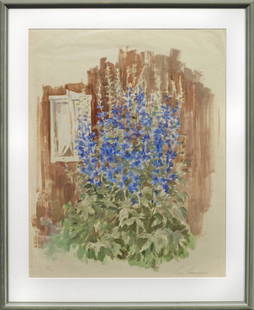 Lotte Laserstein: (1898 Preußisch-Holland - 1993 Kalmar/Schweden) Gartenstillleben mit Rittersporn vor einem roten Holzhaus in Schweden Ausschnitthaft komponiertes Stillleben Lasersteins, in dem sie impressionisti