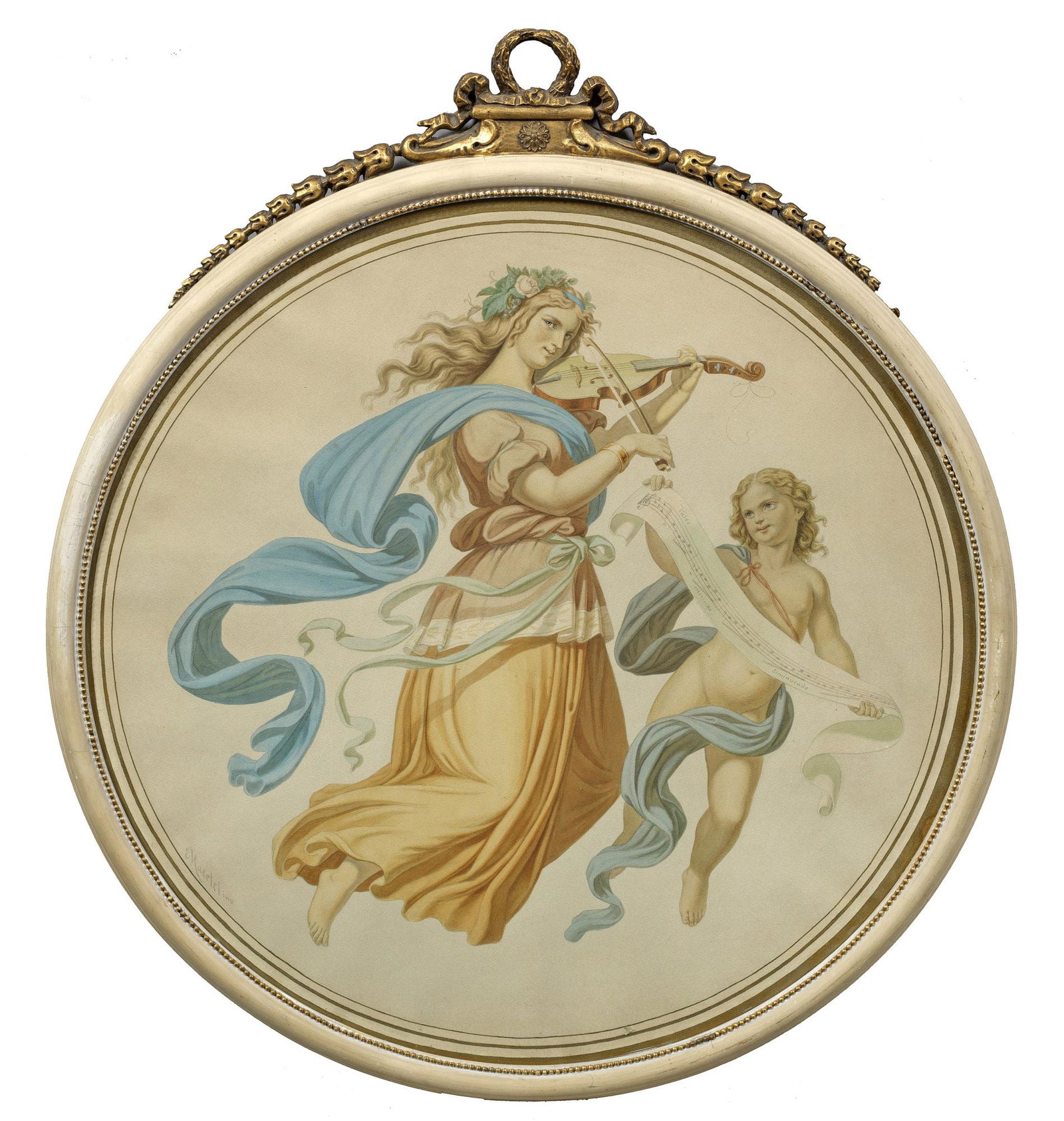 E. Haertel: (Deutscher Maler und Illustrator. Tätig um 1900) Die Musen der Musik Paar Rundbilder (Tondi) mit schwebenden Musen, Violine und Orgel spielend, jeweils begleitet von Genien. Es handelt sich um En