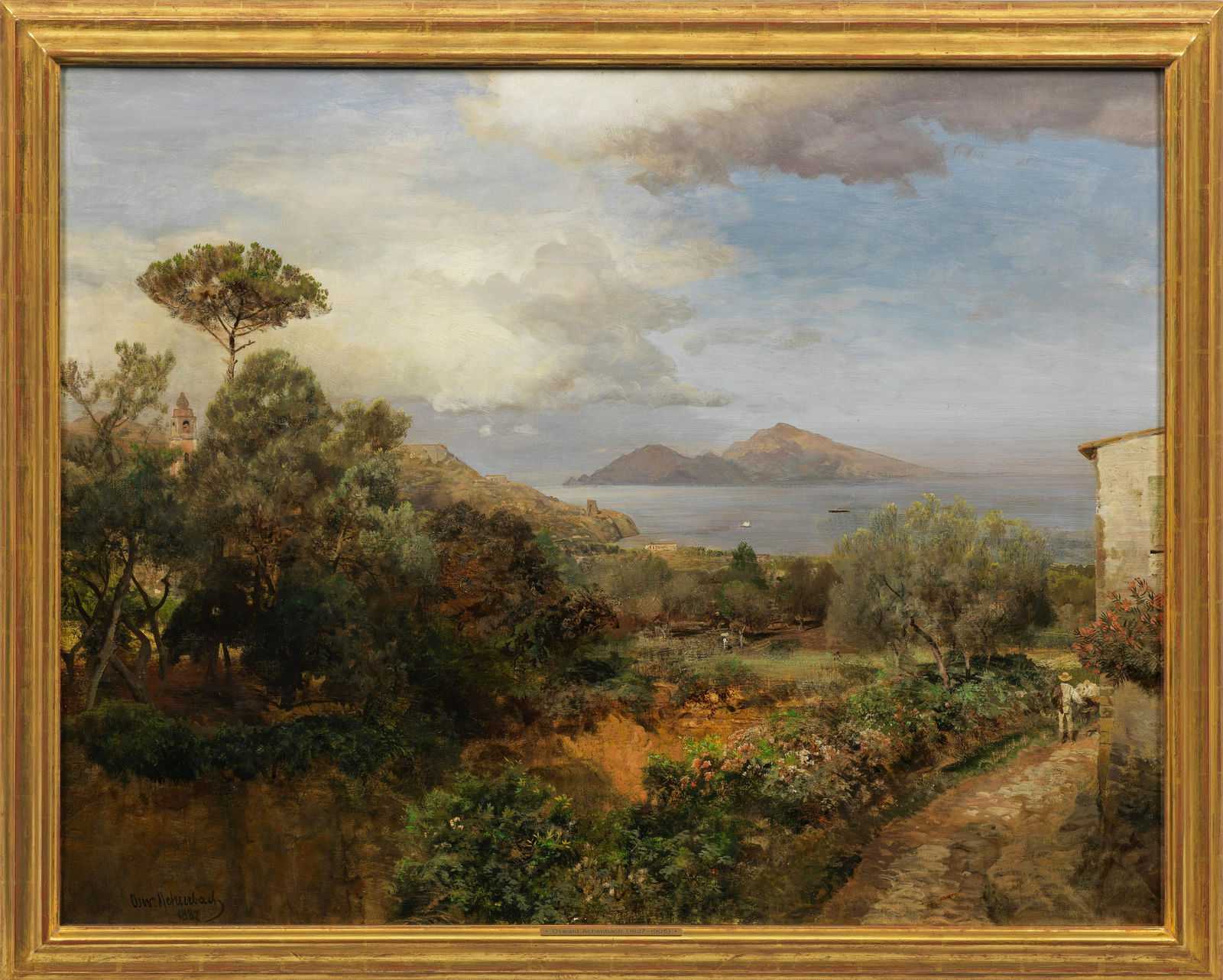 Oswald Achenbach: (1827 Düsseldorf - 1905 ebenda) Morgen am Golf von Neapel mit Blick auf Capri Weiter Blick von einem erhöhten Standpunkt bei Sorrent bzw. Massa Lubrense über das Mittelmeer auf Capri, a