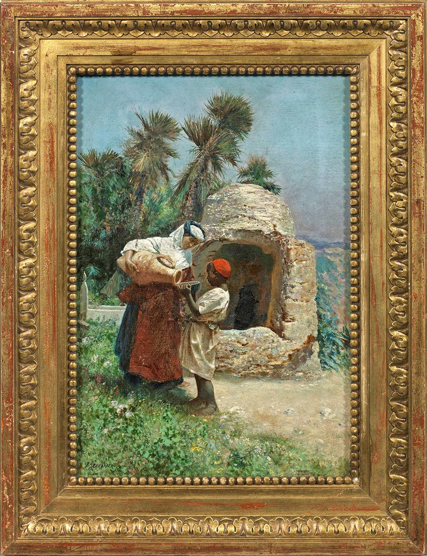 Peter Conrad Schreiber: (1816 Fürth - 1894 Nürnberg) attr.; Szene aus einer Oase in Nordafrika Schilderung einer europäischen Frau, die einem dunkelhäutigen, afrikanischen Knaben Wasser aus einem groß