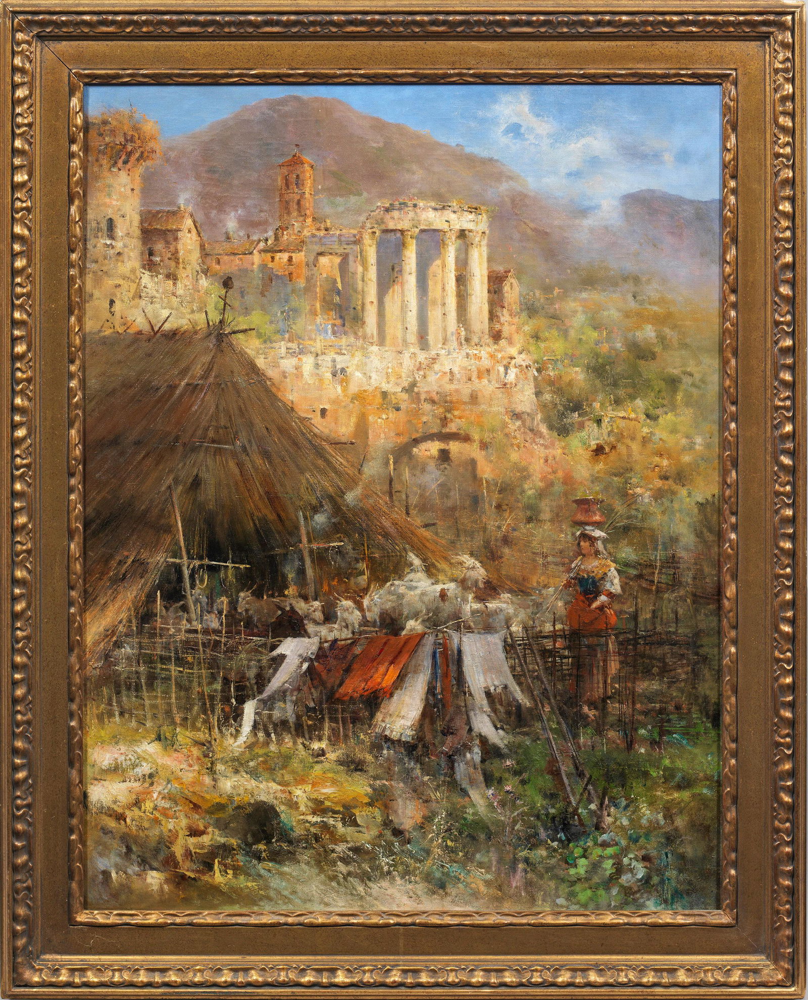 Oswald Achenbach: (1827 Düsseldorf - 1905 ebenda) attr.; Ziegenhirtin vor dem Tempel der Sibylle in Tivoli Mit nuanciertem, lockerem Duktus in pastelltonigem, partiell leuchtendem Kolorit gemalte Landschaft. Der E