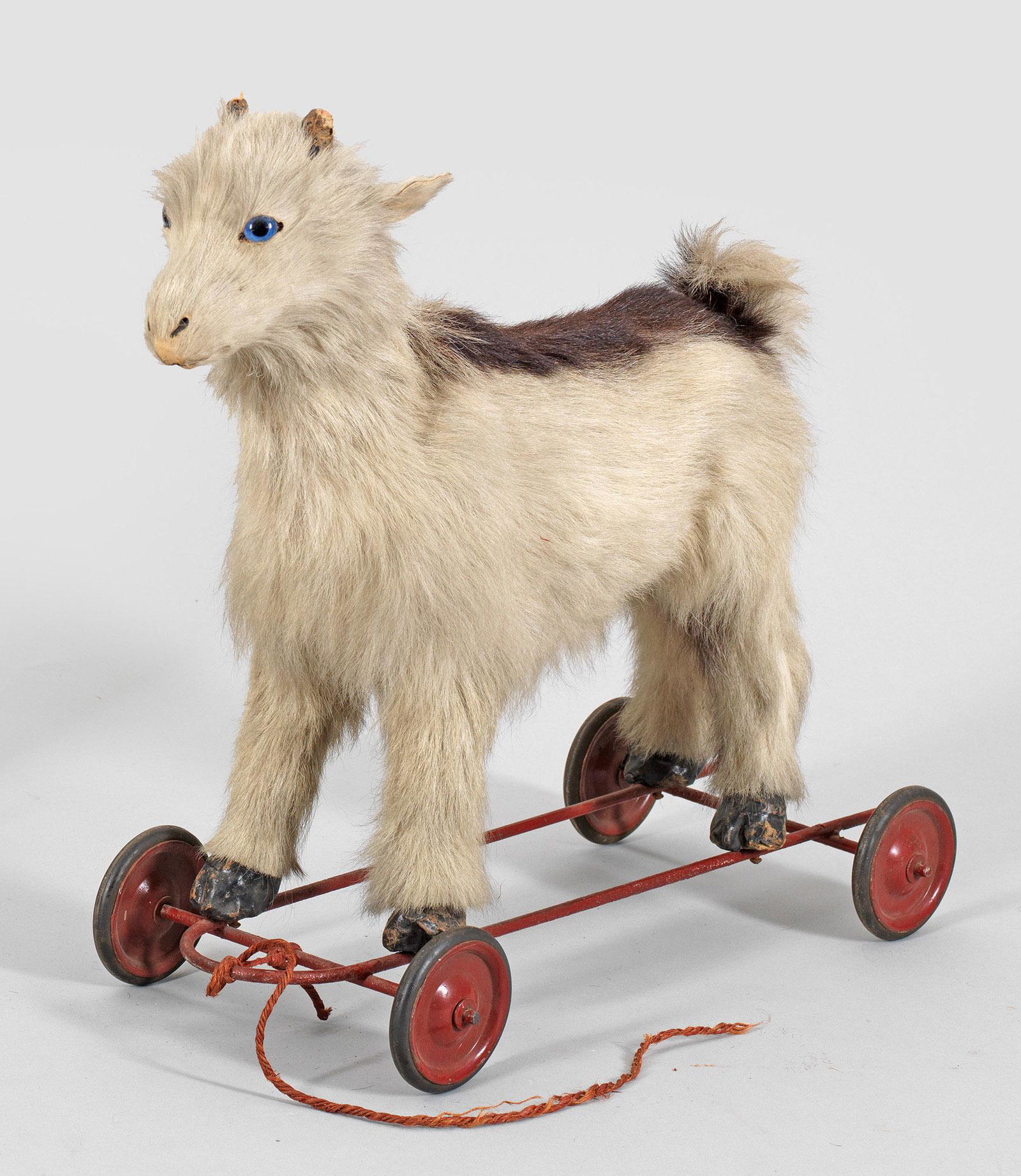 Rolltier "Ziecklein": Mit Ziegenfell bespannter, naturalistisch gestalteter Körper mit blauen Glasaugen und Pappmaché-Hörnern auf rot lackiertem Metallgestänge sowie korrespondierenden gummibereiften R&