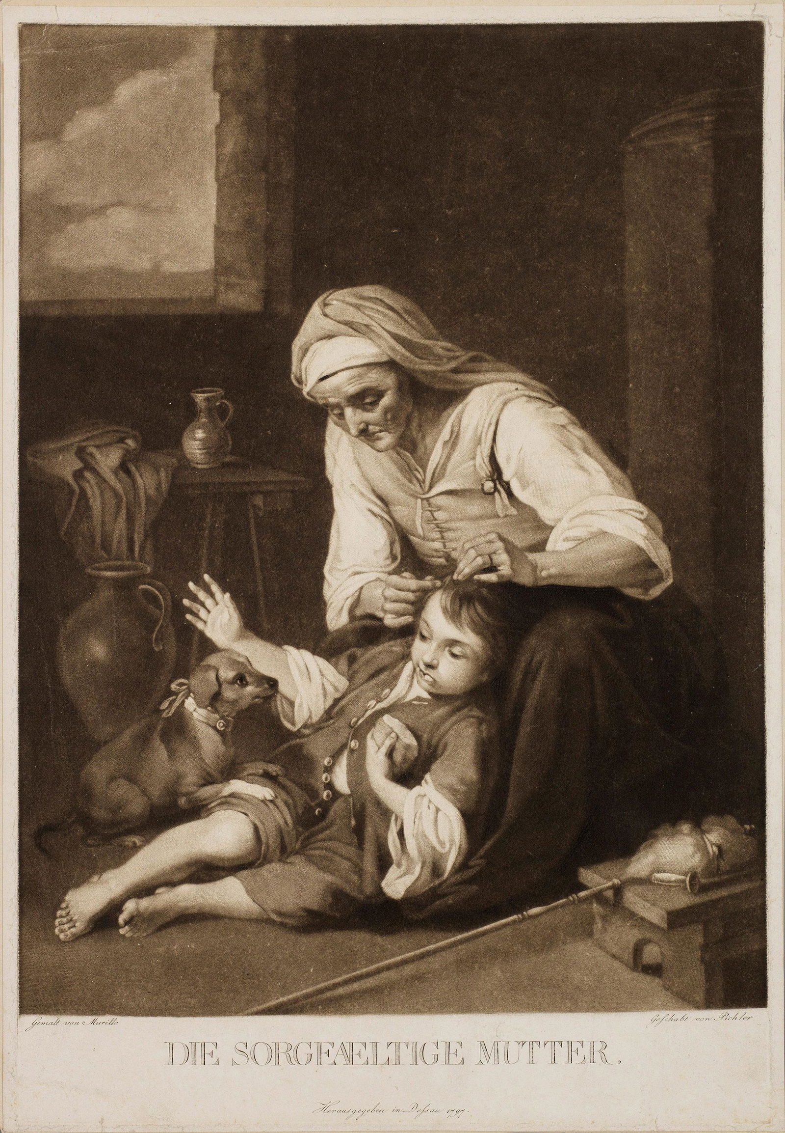 Johann Peter Pichler: (1765 Bozen - 1807 Wien) "Die sorgfaeltige Mutter". Originaltitel Mezzotinto/Papier, 1797. In der Platte sign., bez., dat. u. betitelt. Nach einem Gemälde von Bartolomé Esteban Murillo. Hera