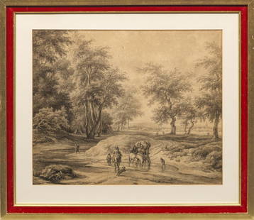 Egbert van Drielst: (1745 Groningen - 1818 Amsterdam) Baumbestandene Landschaft mit Figuren Motiv- und stiltypische, virtuos gemalte Landschaft Egbert van Drielsts, wohl nach einem Werk von Jan van Kessel und Philips Wou