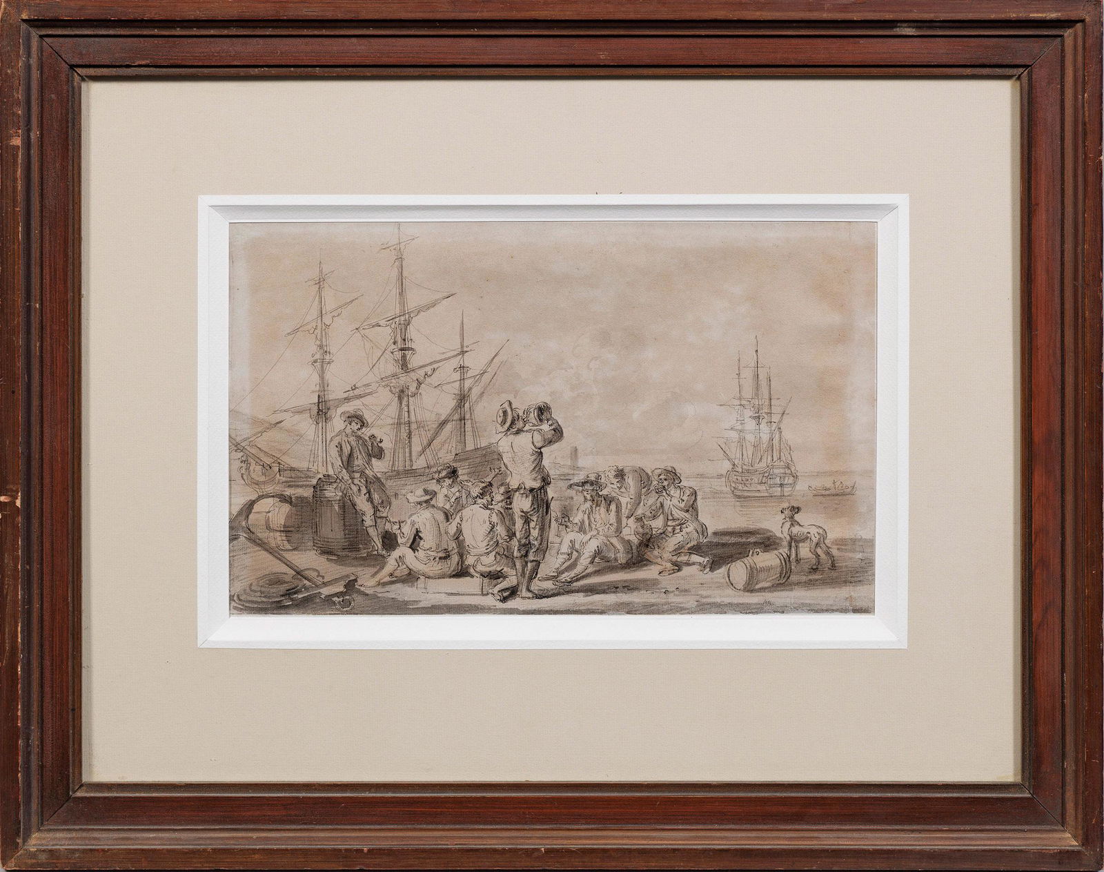 Adrien Manglard: (1695 Lyon - 1760 Rom) Mediterrane Hafenszene mit rastenden Matrosen und Arbeitern vor ankernden Segelschiffen Virtuose Zeichnung Manglards, der ab 1715 in Rom tätig war und vor allem südlic