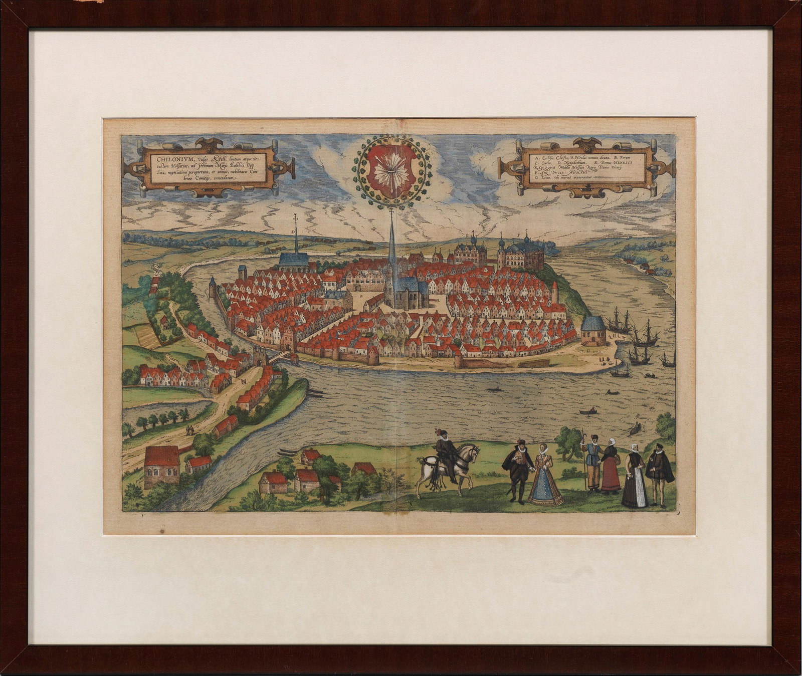 Frühe Renaissance-Ansicht von Kiel im Jahre 1588: Altkolorierter Kupferstich/Papier, 1588/1594. Blick aus der Vogelschau mit Staffage aus vornehmen Figuren und Reitern, oberhalb Wappen sowie Titel- und Inschrift-Kartuschen. Die damals lateinisch als 