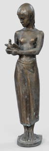 Richard Scheibe: Richard Scheibe (1879 Chemnitz - 1964 Berlin) "Innocentia" (Die Unschuld). Originaltitel Bronze, braun patiniert. Auf einer halbrund gebogten Plinthe stehendes Mädchen mit Taube. Wohl posthumer G