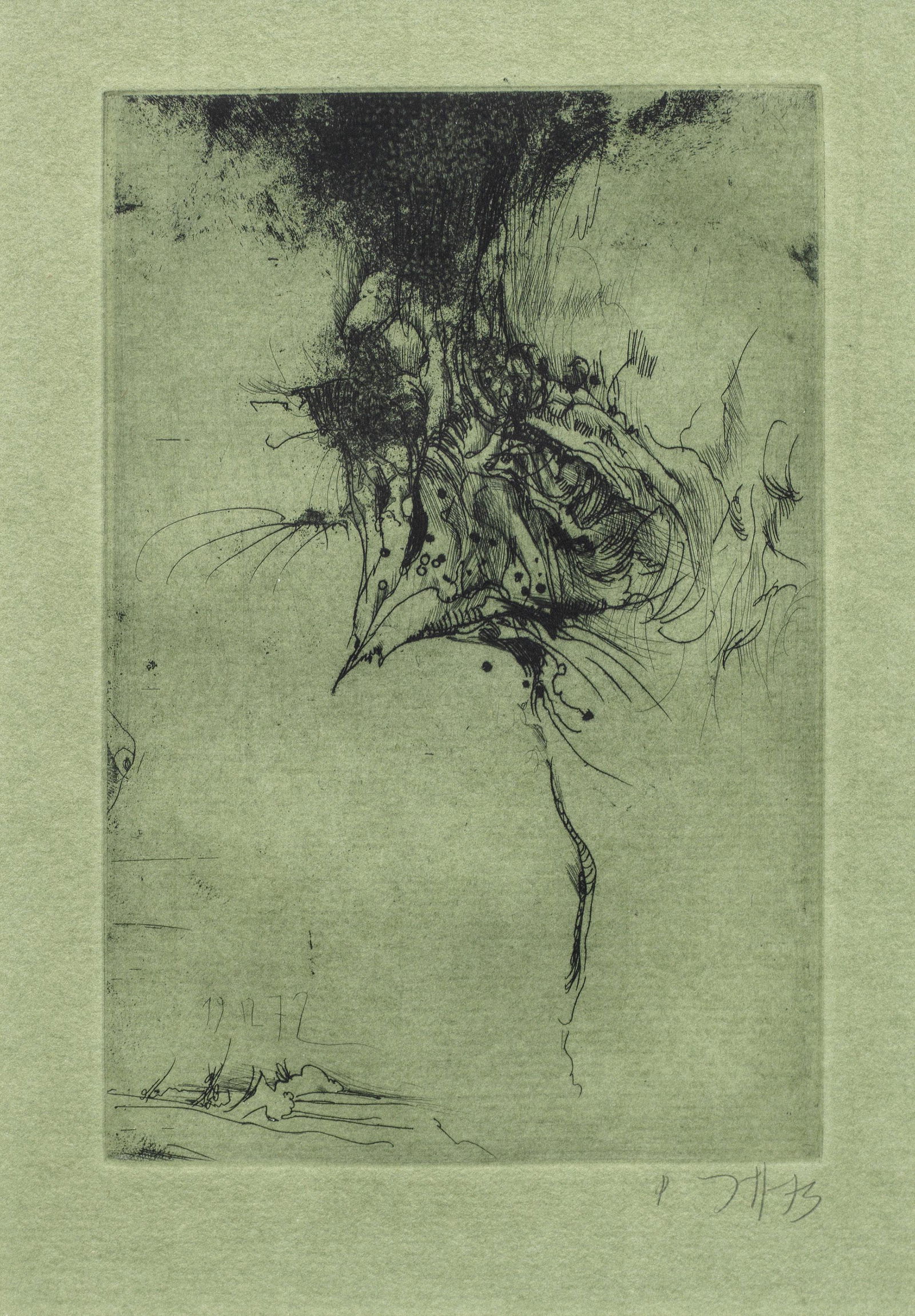 Horst Janssen: Horst Janssen (1929 Hamburg - 1995 ebenda) "Selbst". Originaltitel Radierung auf grünem Papier. Selbstbildnis aus der Folge "Hannos Tod" nach Motiven aus Thomas Manns Roman Die Buddenbrooks. Sign