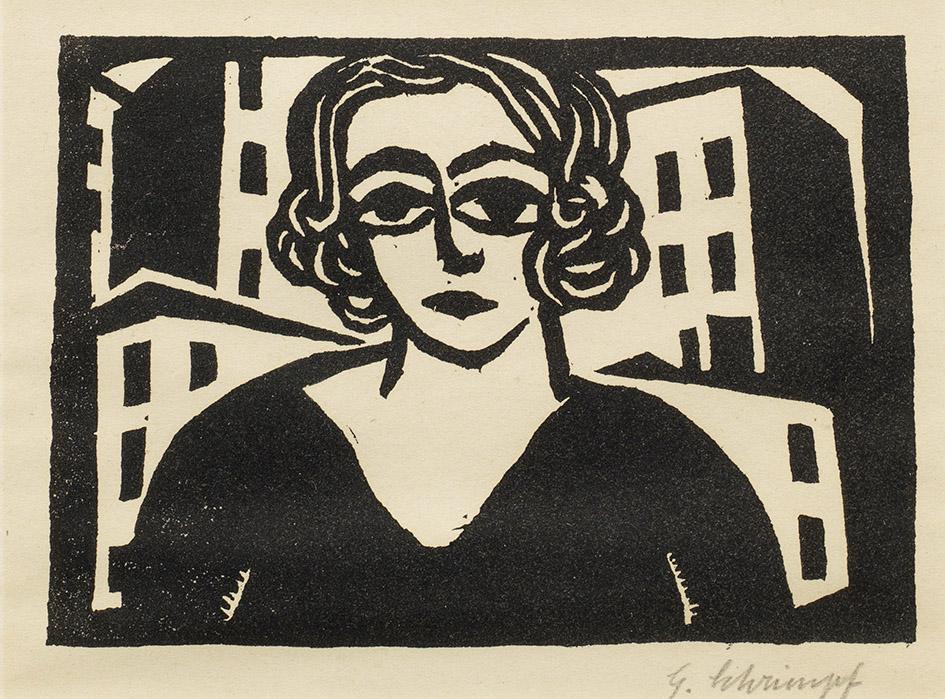 Georg Schrimpf: Georg Schrimpf (1889 München - 1938 Berlin) "Bildnis Maria Uhden". Originaltitel Holzschnitt/Papier. Sign.; Erschienen 1919 als Titelblatt in der Zeitschrift "Die Sichel" Heft 3. Das Motiv der Fr
