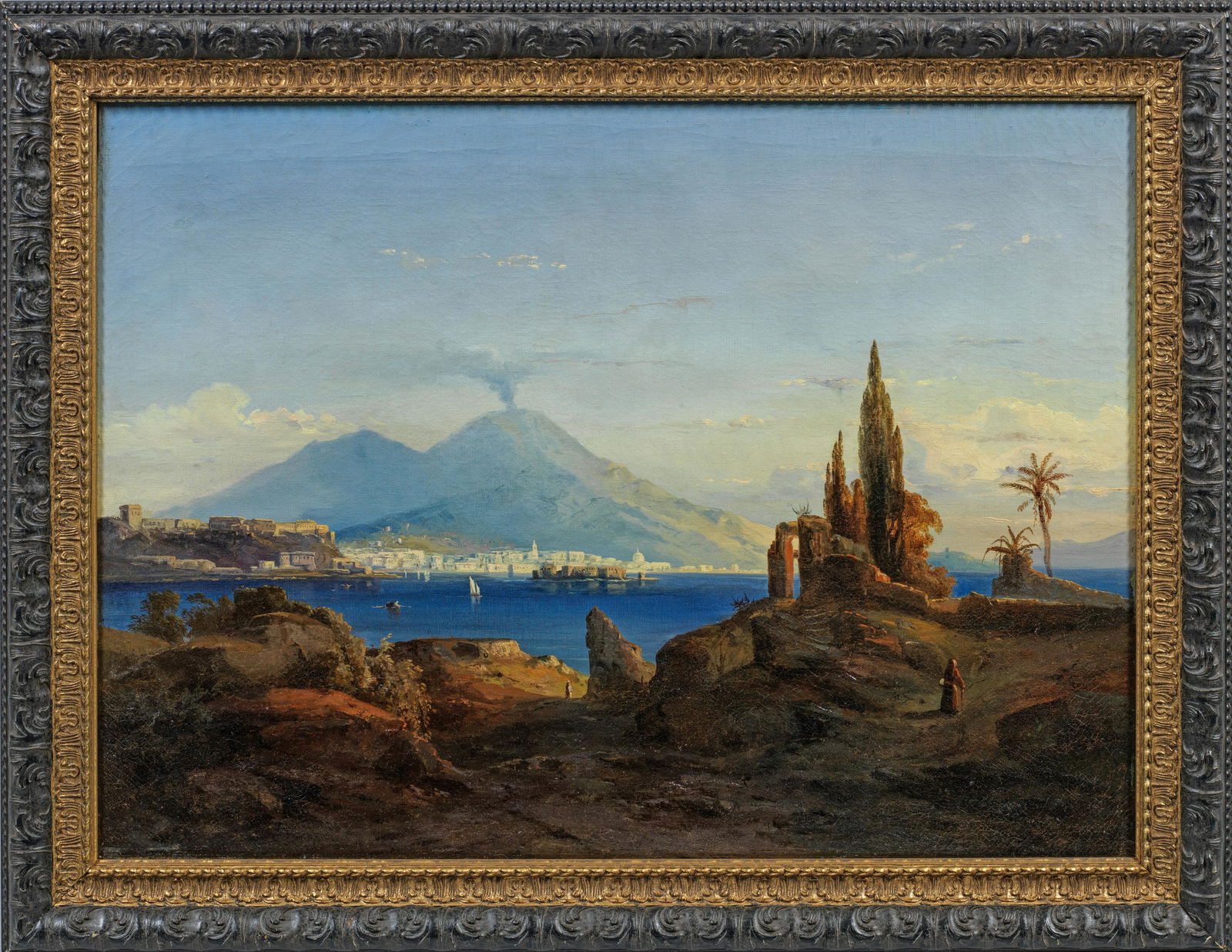 Oswald Achenbach: Oswald Achenbach (1827 Düsseldorf - 1905 ebenda) attr.; Ansicht von Neapel Abendlich gestimmter Blick über den Golf von Neapel auf die Stadt und den Vesuv. Impressiv aufgefasste Landschaft,