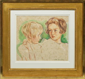 Lotte Laserstein: Lotte Laserstein (1898 Preußisch-Holland - 1993 Kalmar/Schweden) Doppelbildnis zweier Geschwister Einfühlsam porträtiert Laserstein in dem Blatt ein Mädchen mit einem jüngeren Kind, der